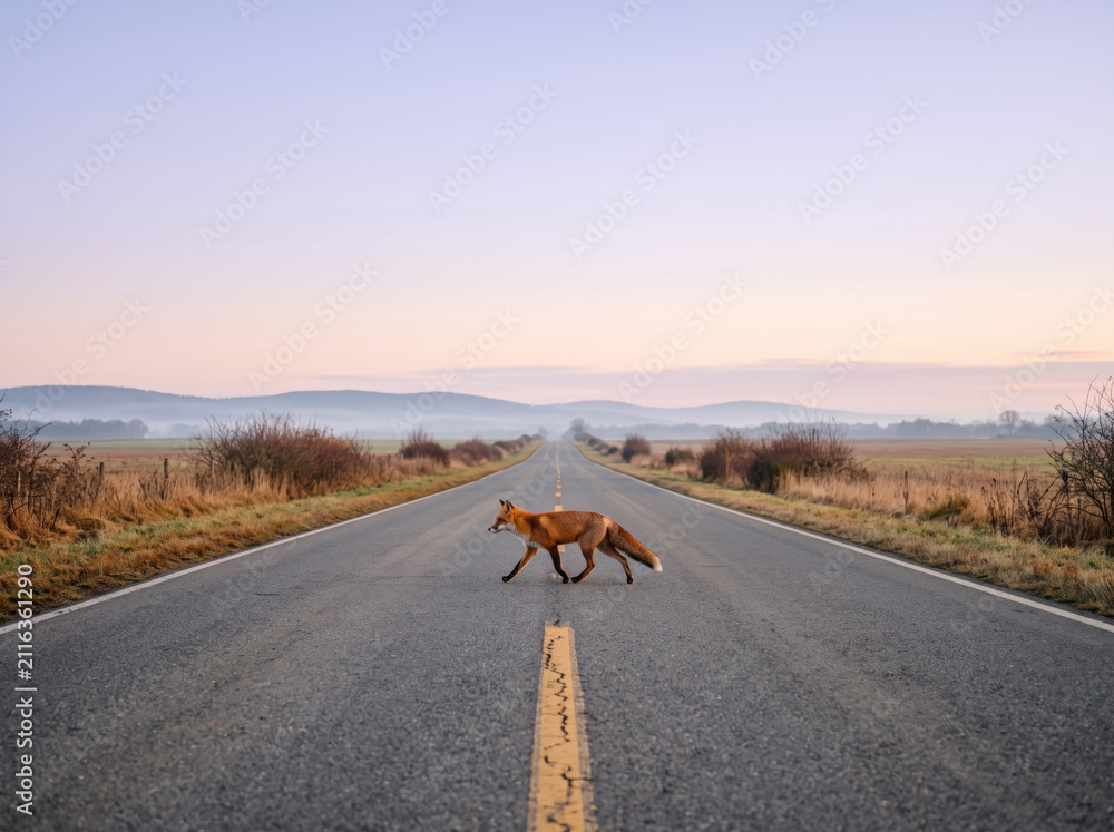 Fototapeta premium Red fox crossing an empty paved country road at dawn, providing a serene wildlife concept for rural travel and autumn nature campaigns.