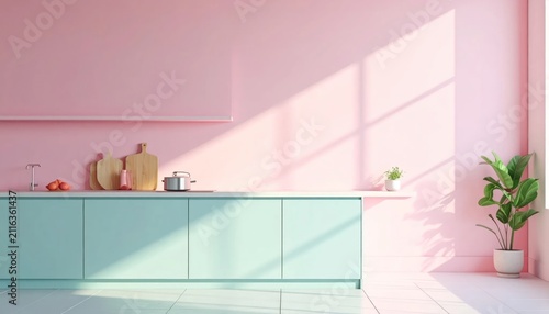 Modern Kitchen Interior with Pastel Pink Walls and Mint Green Cabinets.
