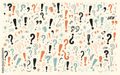 Vector illustration of hand-drawn question and exclamation marks seamless pattern background