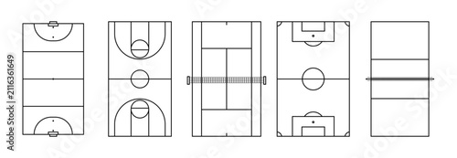 Sports court layout vector set, top view field hockey court, basketball court, tennis court, soccer field and volleyball court, tactical game strategy diagram collection on transparent background