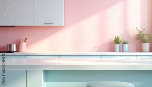 Modern Kitchen Countertop with Soft Pink Wall and Sunlight.