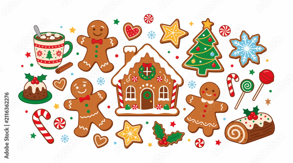 Naklejka premium Christmas gingerbread cookies and holiday sweets. Festive winter treats and candy icons set.