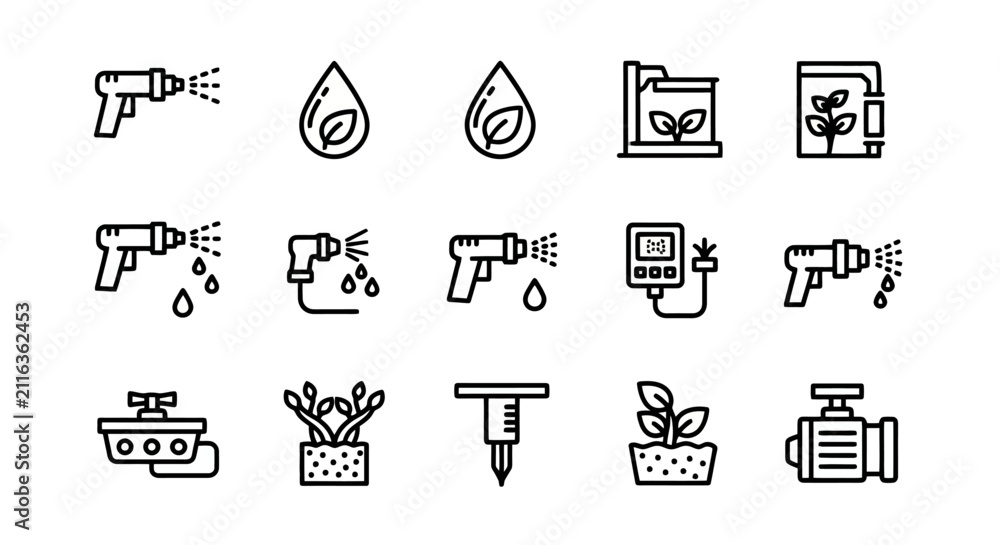 Fototapeta premium Irrigation and garden watering equipment icons set for agriculture