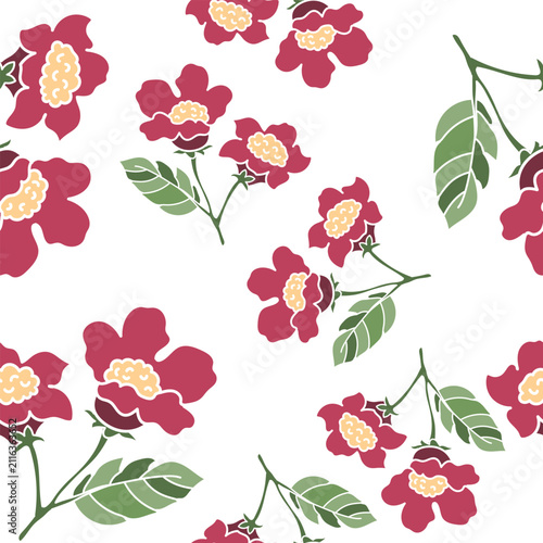 coquette seamless pastel flowers pattern. Delicate red and vibrant blossoms create an artistic and vintage botanical illustration. Perfect for wallpaper, fabric, wrapping paper and more.