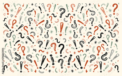 Vector illustration of hand drawn question mark and exclamation mark pattern with question, surprise