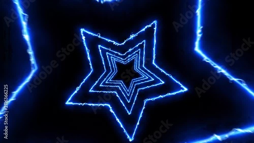Neon blue star tunnel motion background, glowing electric energy vj loop, abstract futuristic space travel effect