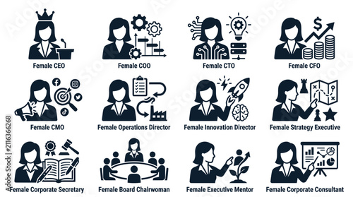 Quadro su tela Female Business Leaders Icon Set: CEO, COO, CTO, CFO, CMO, Director, Executive