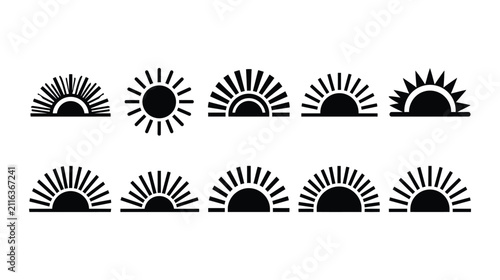 Sun icon vector collection rising dawn rays shape with collection