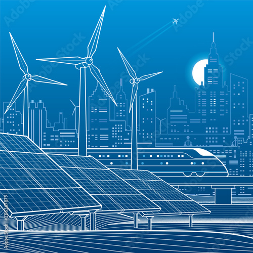 Modern smart city with solar panels, wind turbines and high-speed train. Sustainable urban infrastructure, renewable energy and clean transportation vector background.