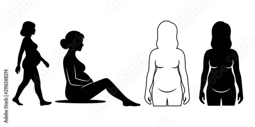 Maternity pose silhouette set, pregnant woman body for prenatal healthcare design