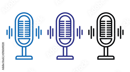 Microphone icon set of audio broadcast equipment with microphone