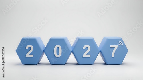 Blue hexagonal dice showing year 2027 icon