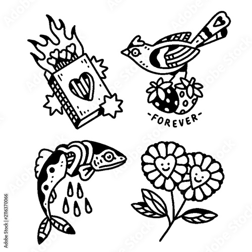 Edgy retro flash tattoo line art set of dark romance