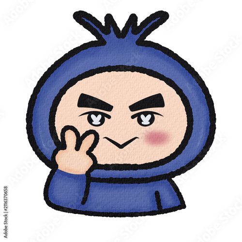 Cute cartoon character in blue hoodie making victory sign sticker