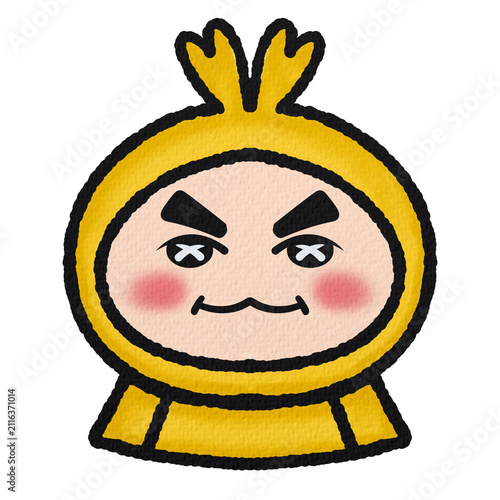 Cute cartoon character in yellow hoodie with dead eyes emoticon sticker