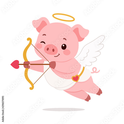 Cute Cupid Pig with Wings and Bow Cartoon Vector Illustration