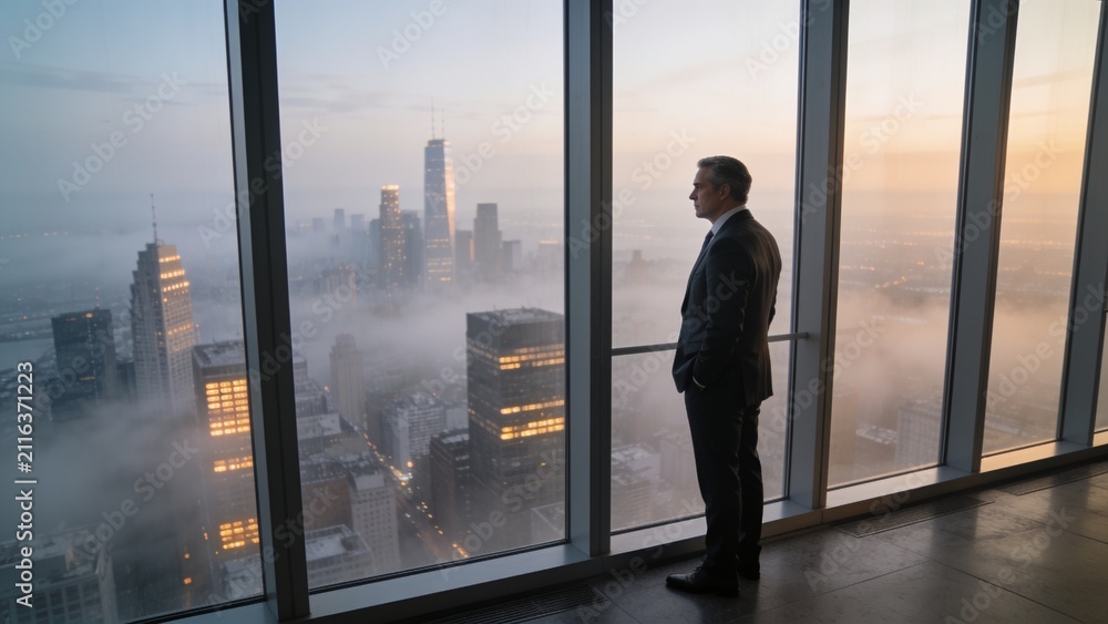 Fototapeta premium Standing man in dark suit gazing out floor-to-ceiling windows with mullions and railing, copy space