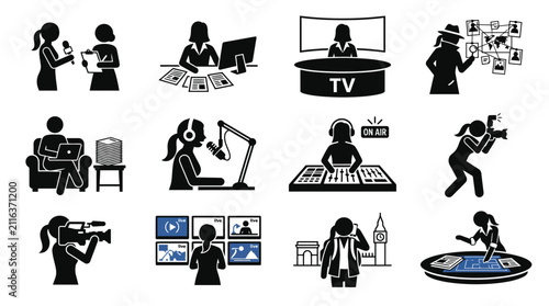 Obraz na plátne Journalism Icons Set: News, Media, Broadcasting, Reporting, Photography, TV, Rad