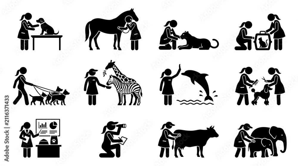 Obraz premium Veterinarian and Animal Care Icons: Diverse Pets and Wildlife