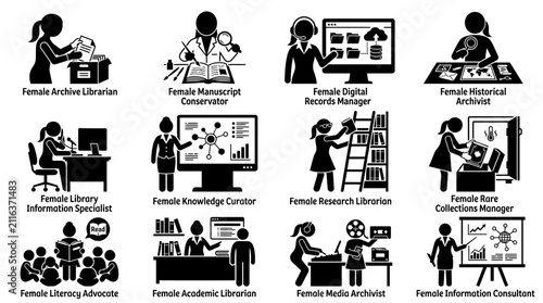 Bild auf Leinwand Collection of female professionals in library and archival roles, diverse jobs