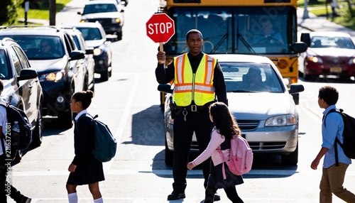 Holding STOP sign, guard in fluorescent vest guiding children with backpacks across school crossing