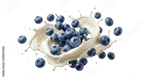 Fresh blueberries splashing into creamy dairy yogurt swirl isolated against a pure white background