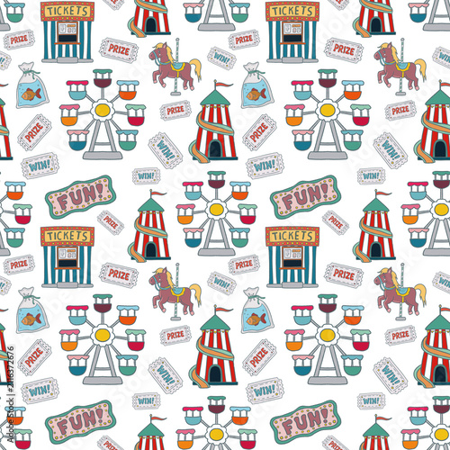 Seamless carnival pattern, circus tent, ferris wheel, carousel horse, ticket booth, prize and win tickets and fairground signs. Perfect for wrapping, packaging, stationery, fabric and textile prints.