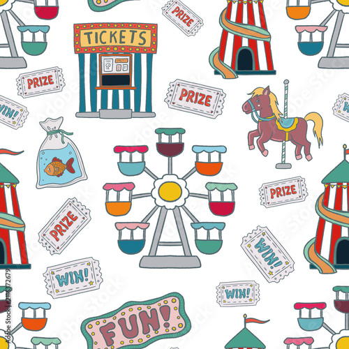 Seamless carnival pattern, circus tent, ferris wheel, carousel horse, ticket booth, prize and win tickets and fairground signs. Perfect for wrapping, packaging, stationery, fabric and textile prints.