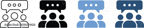 Group Discussion Icon Set featuring people speaking symbols, team conversation, meeting communication, feedback exchange, teamwork, community interaction, and editable vector interface designs.