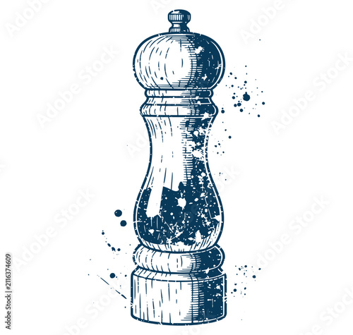 Vintagestyle illustration of a pepper mill with paint splatters on white