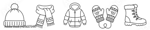 Winter clothes line icon set for cold weather apparel. Vector illustration.