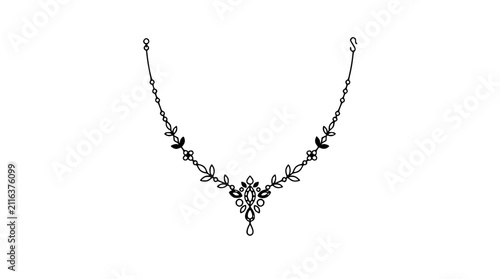 Принти на полотні Elegant floral necklace with delicate leaves and a central gemstone, black outline on white