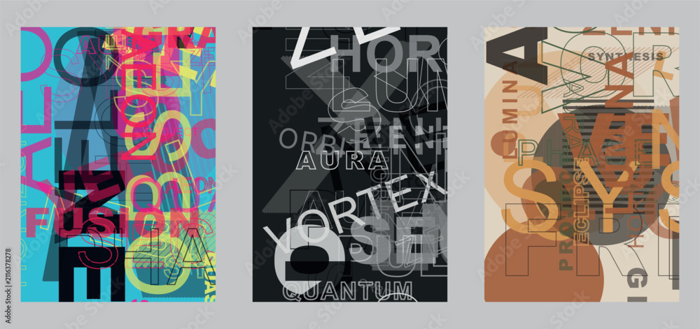 Obraz premium Abstract Typographic Poster Set with Artistic Lettering Overlays and Geometric Graphic Design Elements for Modern Visual Identity