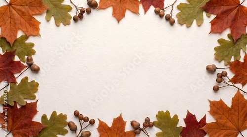 Fall season decorative border composed of autumn leaves and small acorns on white surface with seasonal, colorful