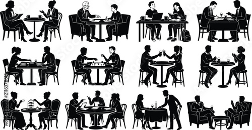 Set of black silhouettes showing people dining, working, studying, and socializing together at various tables