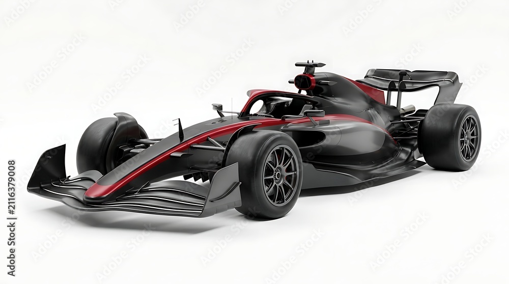 Naklejka premium Sleek modern Formula 1 race car with black and red design against a clean white background.