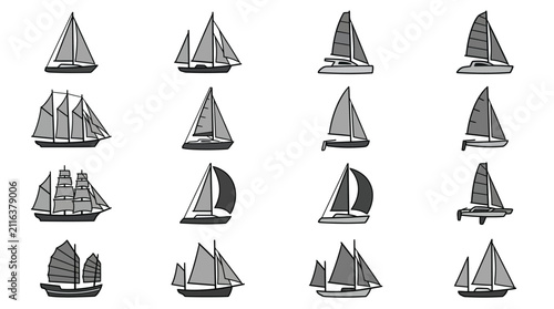 Fotografie Corporate Collection of Diverse Sailboat Types and Styles in Monochromatic Line