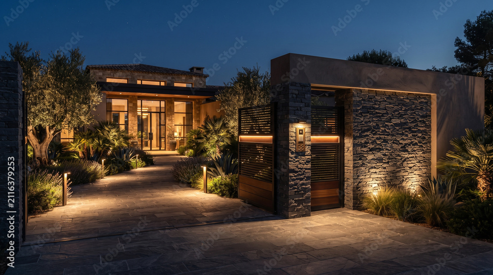 Fototapeta premium Luxurious modern mansion with ambient lighting, stone accents, and manicured landscaping at dusk