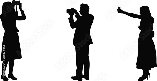 Black silhouettes of people taking photos with cameras and smartphones for modern lifestyle and media designs
