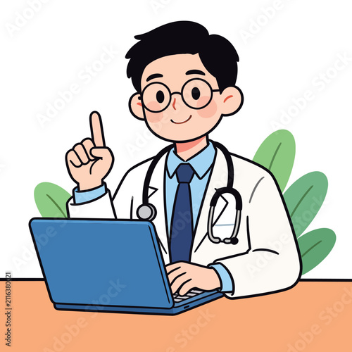 cartoon doctor with laptop