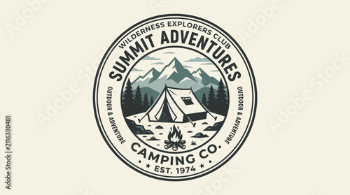 Vintage Outdoor Adventure Camping Logo with Mountains and Tent.