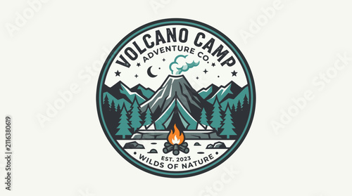 Volcano Adventure Camp Emblem with Campfire and Mountains.