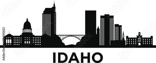 A minimalist black and white silhouette graphic of the boise idaho city skyline with the state name below