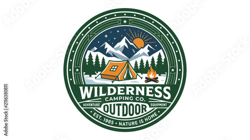 Wilderness Camping Co. Outdoor Adventure Logo with Tent and Campfire.