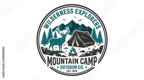 Wilderness Explorers Mountain Camp Outdoor Co. Est. 1974 Vintage Emblem.