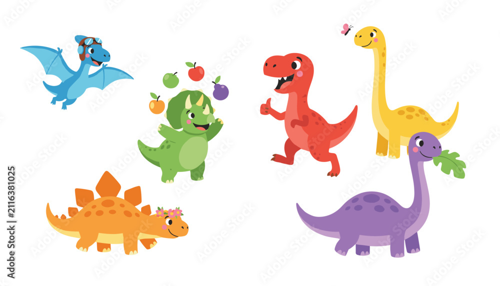 Obraz premium Set of cute and friendly cartoon dinosaurs including a flying pterodactyl, a triceratops, and a red tyrannosaurus rex.
