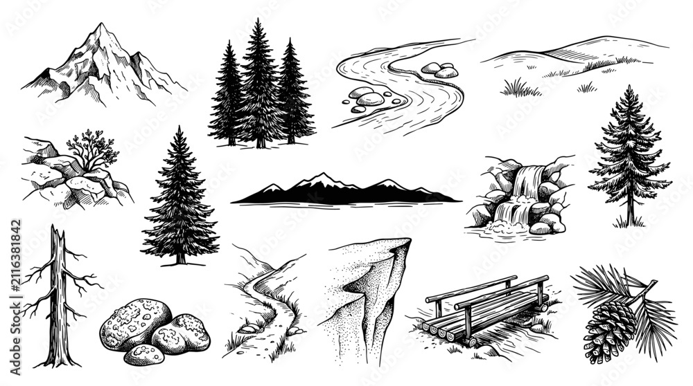Fototapeta premium Mountain landscape nature icons, hand drawn pine forest and river sketch, isolated vector outline set