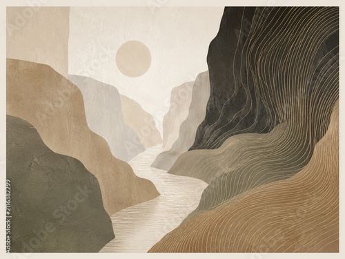 Serene Abstract River Landscape with Textured Hills