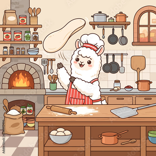 Cute cartoon llama chef tossing pizza dough in a cozy rustic kitchen.