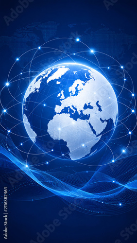 Digital global network connections around Earth in blue design